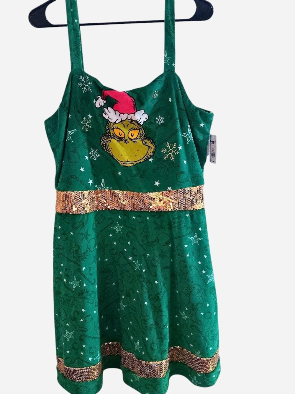 Green Grinch Print Midi Dress with Gold Sequin Belt